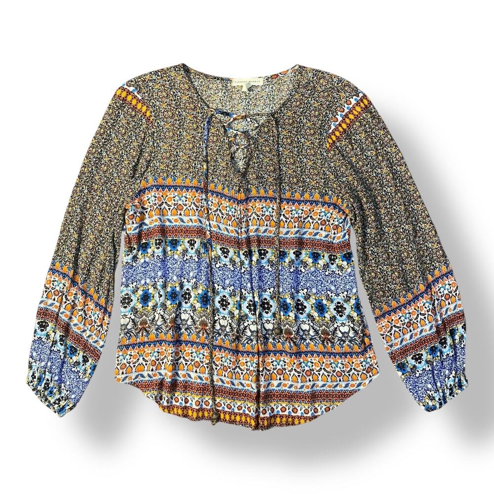 Farmers Market Woven Mixed Print Lace-Up Neck Blouse Womens Size‎ M Boho